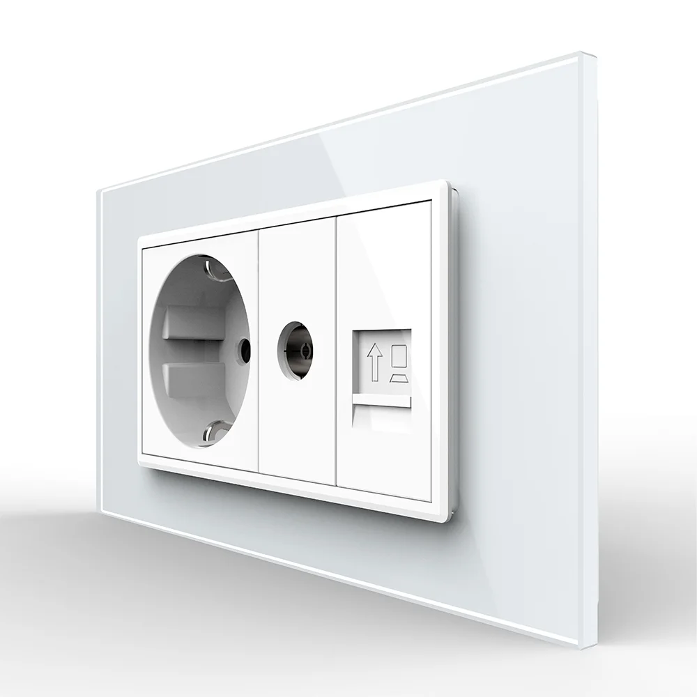 Priza Dubla Livolo cu Rama din Sticla 1 Priza Schuko+TV/internet, Standard Italian – Serie Noua