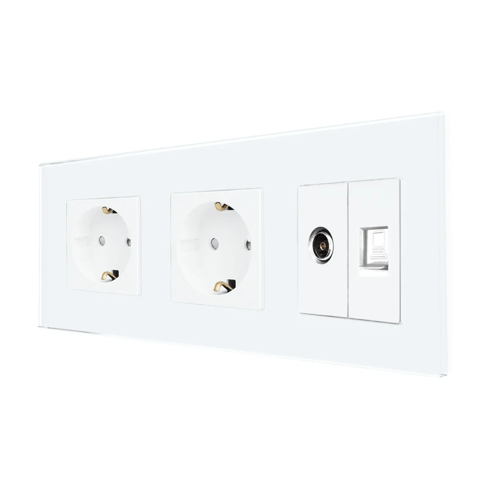 Priza Dubla Schuko + TV + Internet cu Rama Din Sticla LUXION