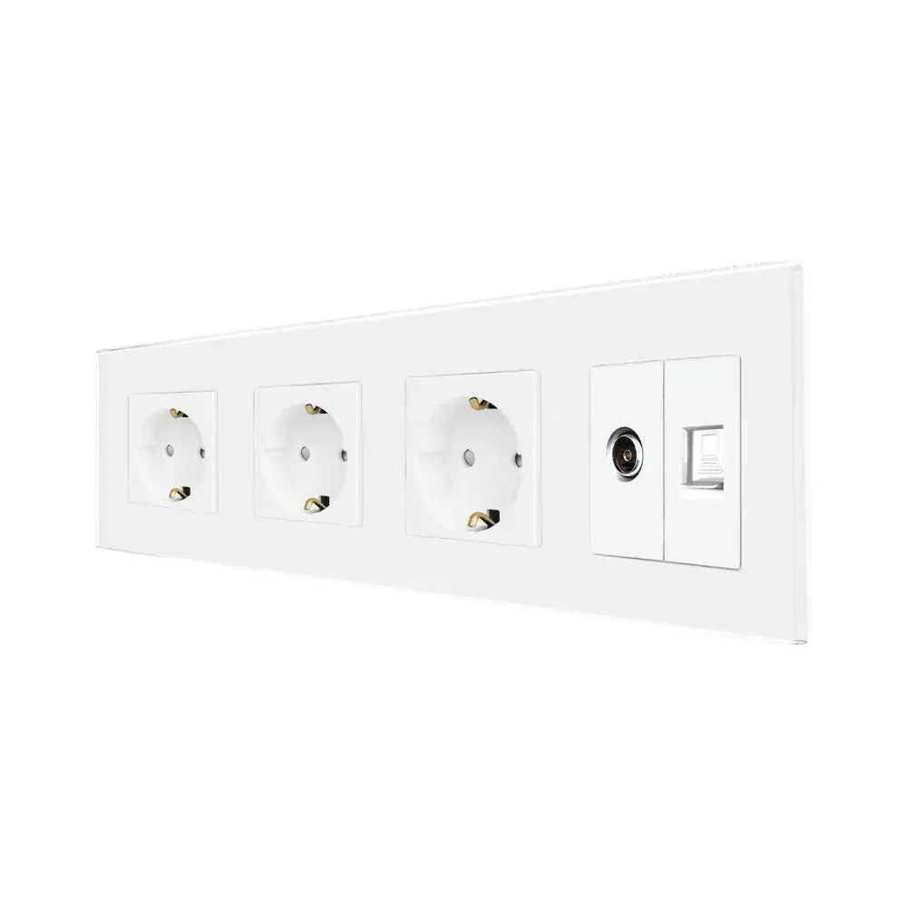 Priza Tripla Schuko + TV + Internet cu Rama Din Sticla LUXION