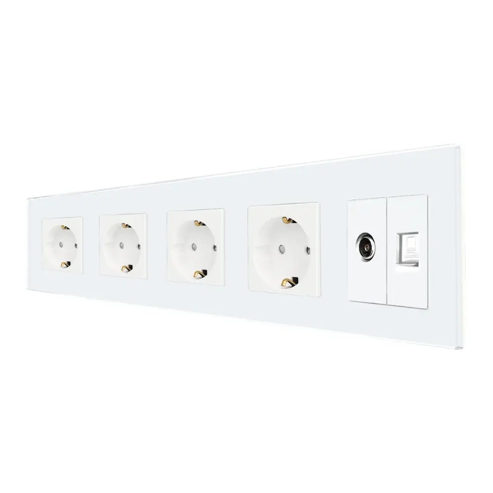 Priza Cvadrupla Schuko + TV + Internet cu Rama Din Sticla LUXION