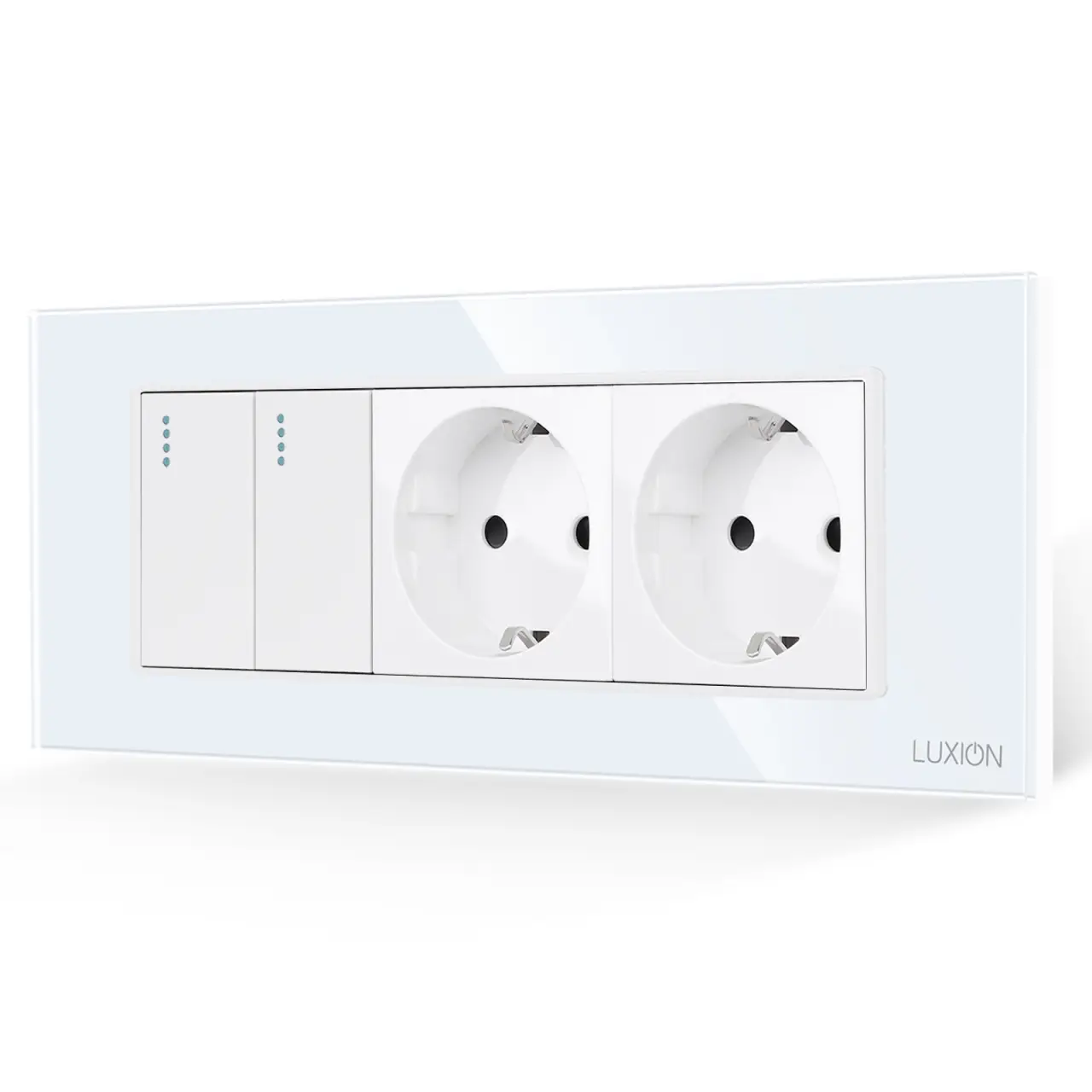 Intrerupator Dublu + 2 Prize cu Rama din Sticla LUXION, Standard Italian, 6M