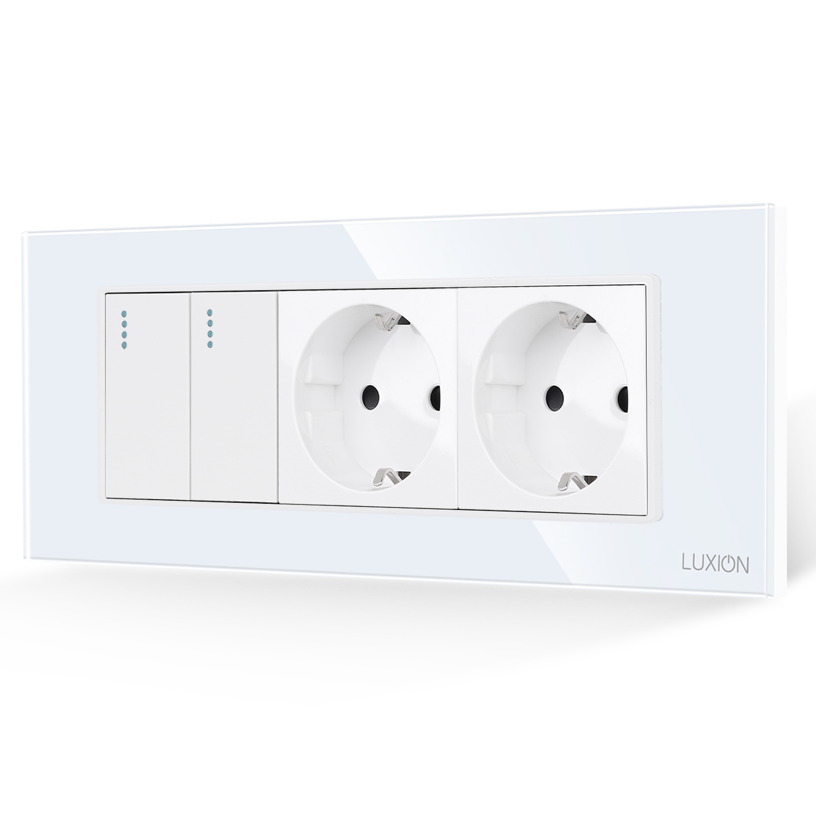 Intrerupator Dublu + 2 Prize cu Rama din Sticla LUXION, Standard Italian, 6M