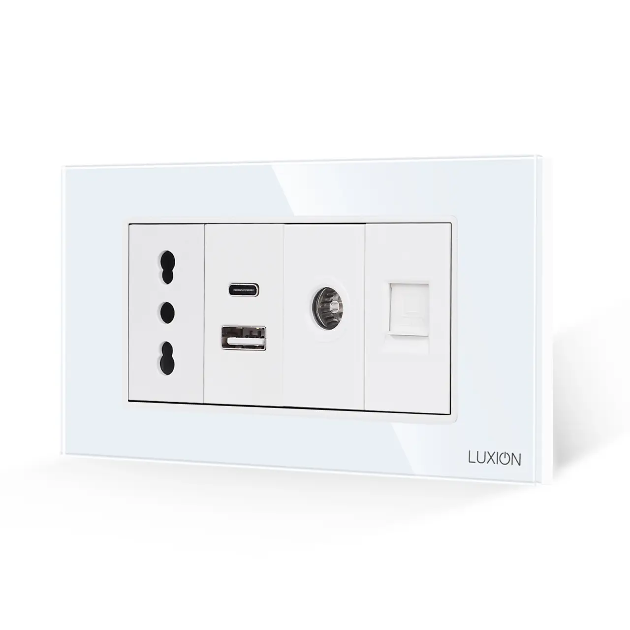 Priza Ingusta + Dubla USB + TV + Internet cu Rama Din Sticla LUXION, Standard Italian, 4M