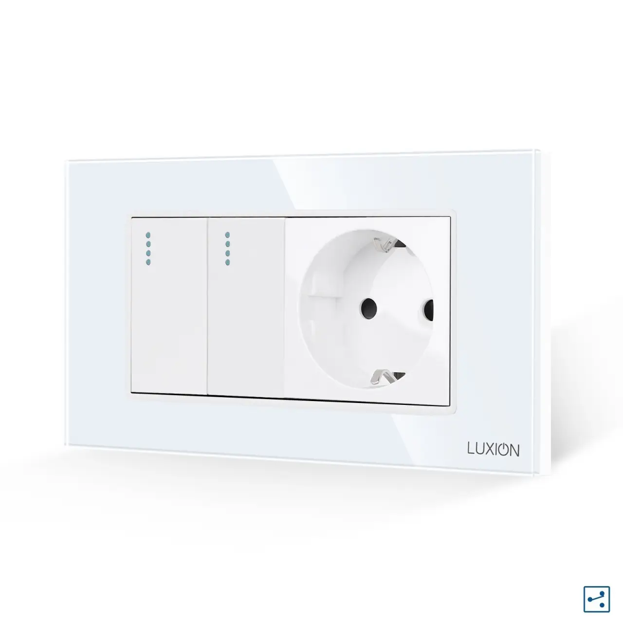 Intrerupator Dublu Cap Scara + Priza cu Rama din Sticla LUXION, Standard Italian, 4M