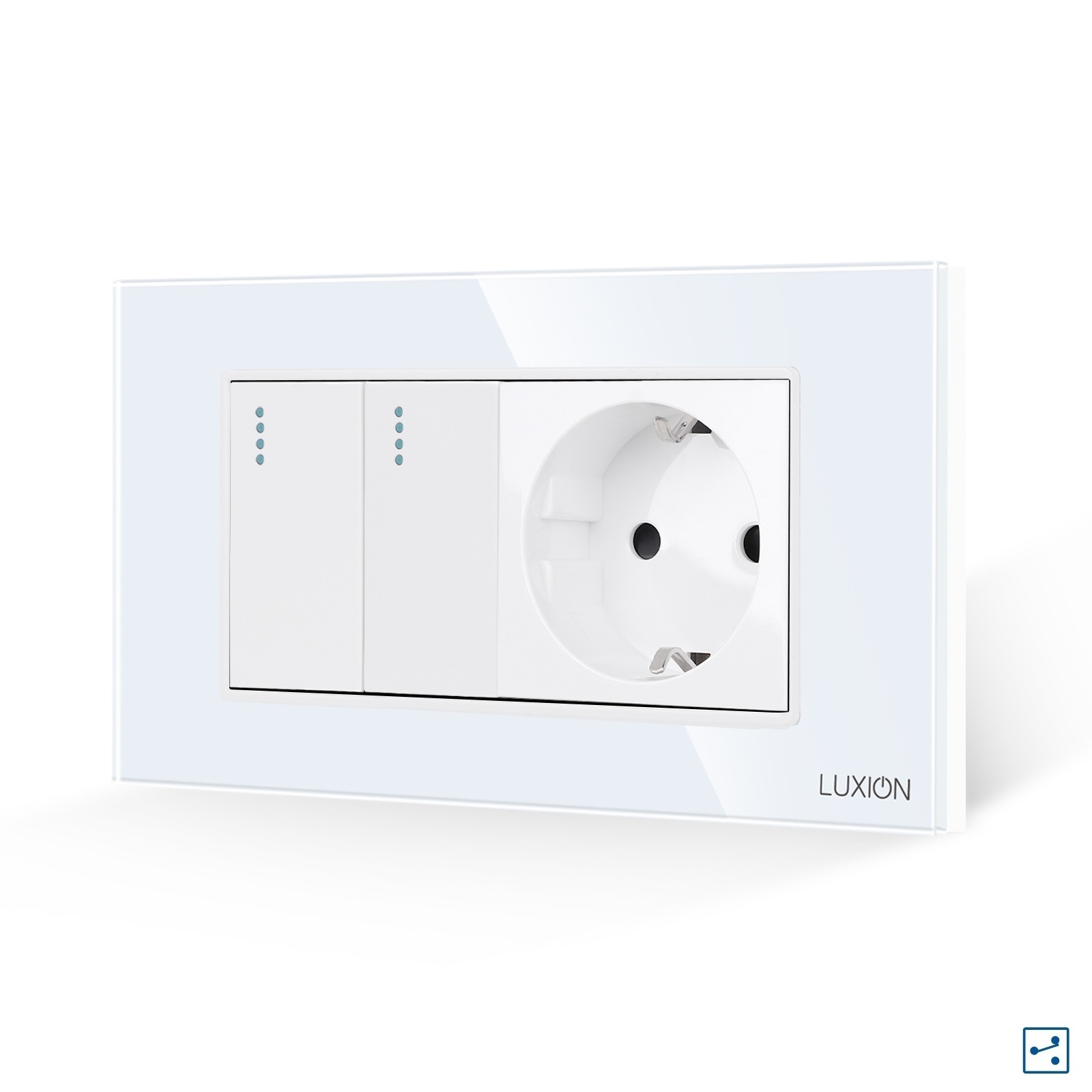 Intrerupator Dublu Cap Scara + Priza cu Rama din Sticla LUXION, Standard Italian, 4M