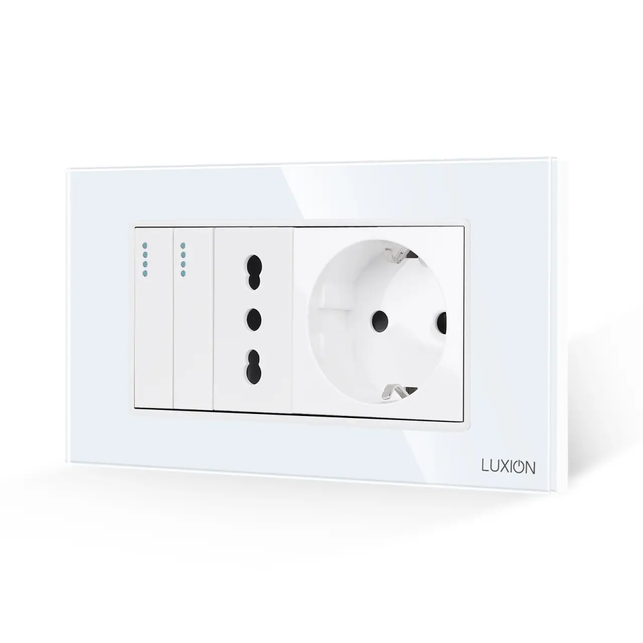 Intrerupator Dublu + Priza Ingusta + Priza Schuko cu Rama din Sticla LUXION, Standard Italian, 4M