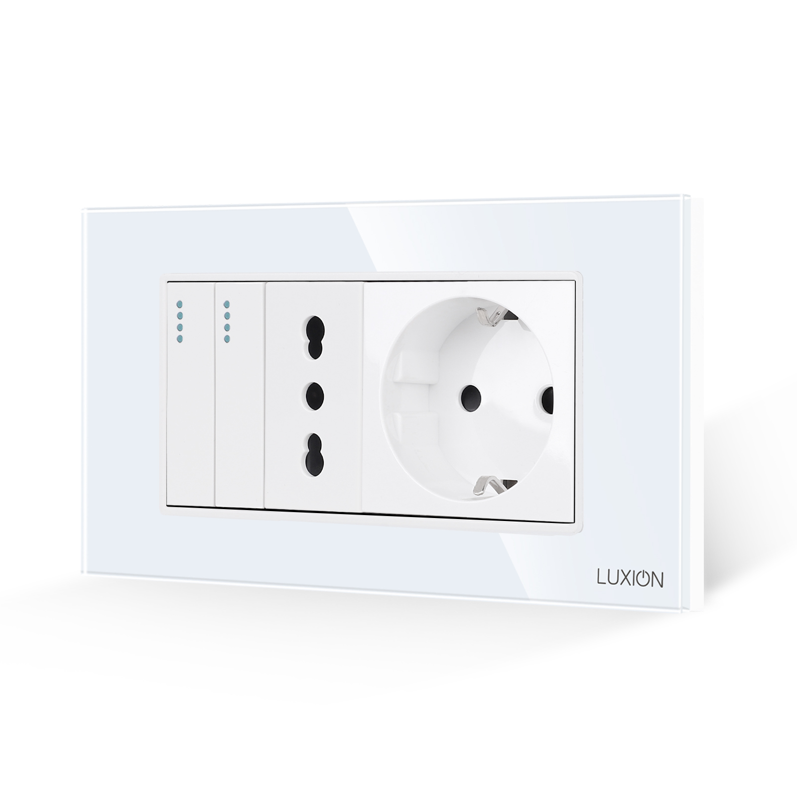 Intrerupator Dublu + Priza Ingusta + Priza Schuko cu Rama din Sticla LUXION, Standard Italian, 4M