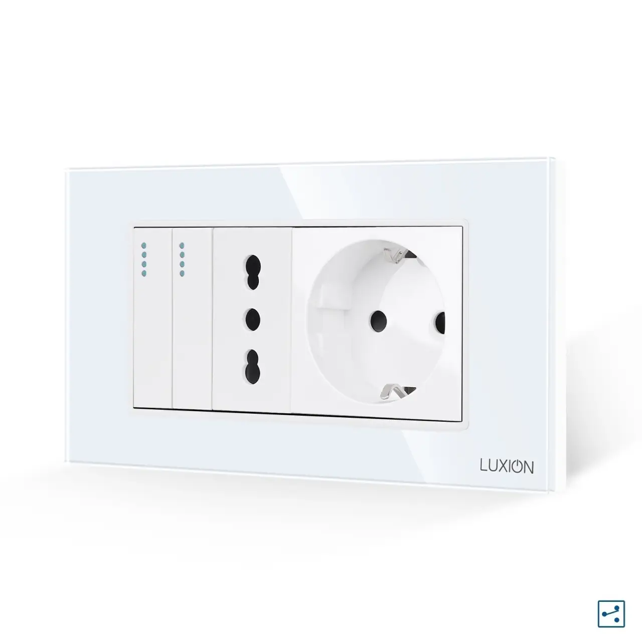 Intrerupator Dublu Cap Scara + Priza Ingusta + Priza Schuko cu Rama din Sticla LUXION, Standard Italian, 4M