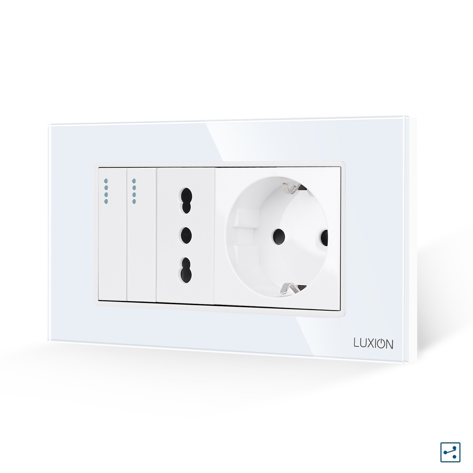 Intrerupator Dublu Cap Scara + Priza Ingusta + Priza Schuko cu Rama din Sticla LUXION, Standard Italian, 4M