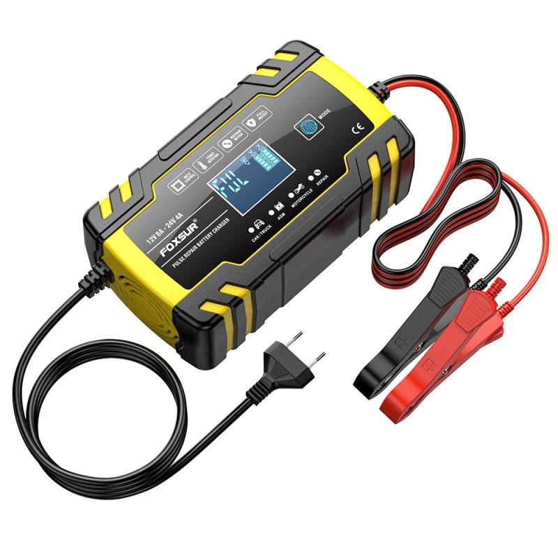 Incarcator Baterie Auto Cu Microprocesor Foxsur B0228-Y, 12/24V, 4/8A, Display LCD, Functie De Reparare Cu Puls, 170x98x58mm, Galben