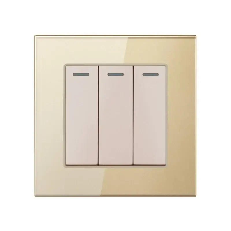 Intrerupator Triplu Cap Scara Cu Panou Din Sticla Securizata Techstar® TGS 01, 220V, 16A, 86 X 86 Mm, auriu, cu 3 Faze