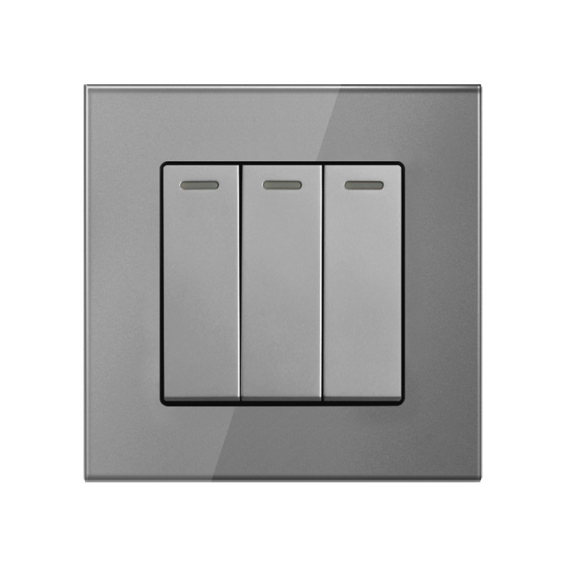Intrerupator Triplu Cap Scara Cu Panou Din Sticla Securizata Techstar® TGS 01, 220V, 16A, 86 X 86 Mm, Gri, cu 3 Faze