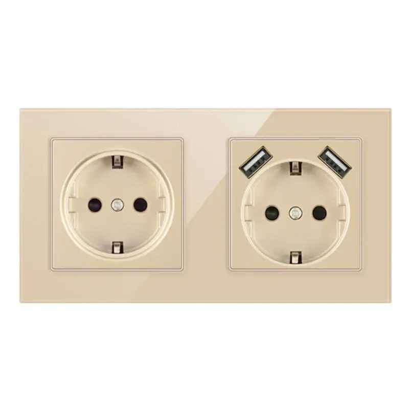 Priza Dubla De Perete Cu 2 Porturi USB Si Panou Din Sticla Techstar® TS-G, 110-250V, 16A, Ignifuga, 80x151mm, Auriu