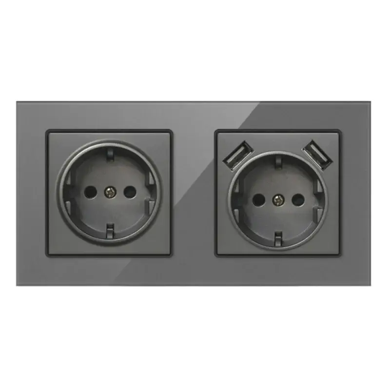 Priza Dubla De Perete Cu 2 Porturi USB Si Panou Din Sticla Techstar® TS-G, 110-250V, 16A, Ignifuga, 80x151mm, Gri