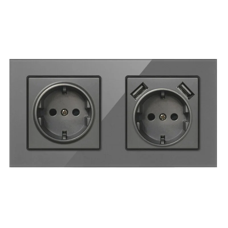 Priza Dubla De Perete Cu 2 Porturi USB Si Panou Din Sticla Techstar® TS-G, 110-250V, 16A, Ignifuga, 80x151mm, Gri