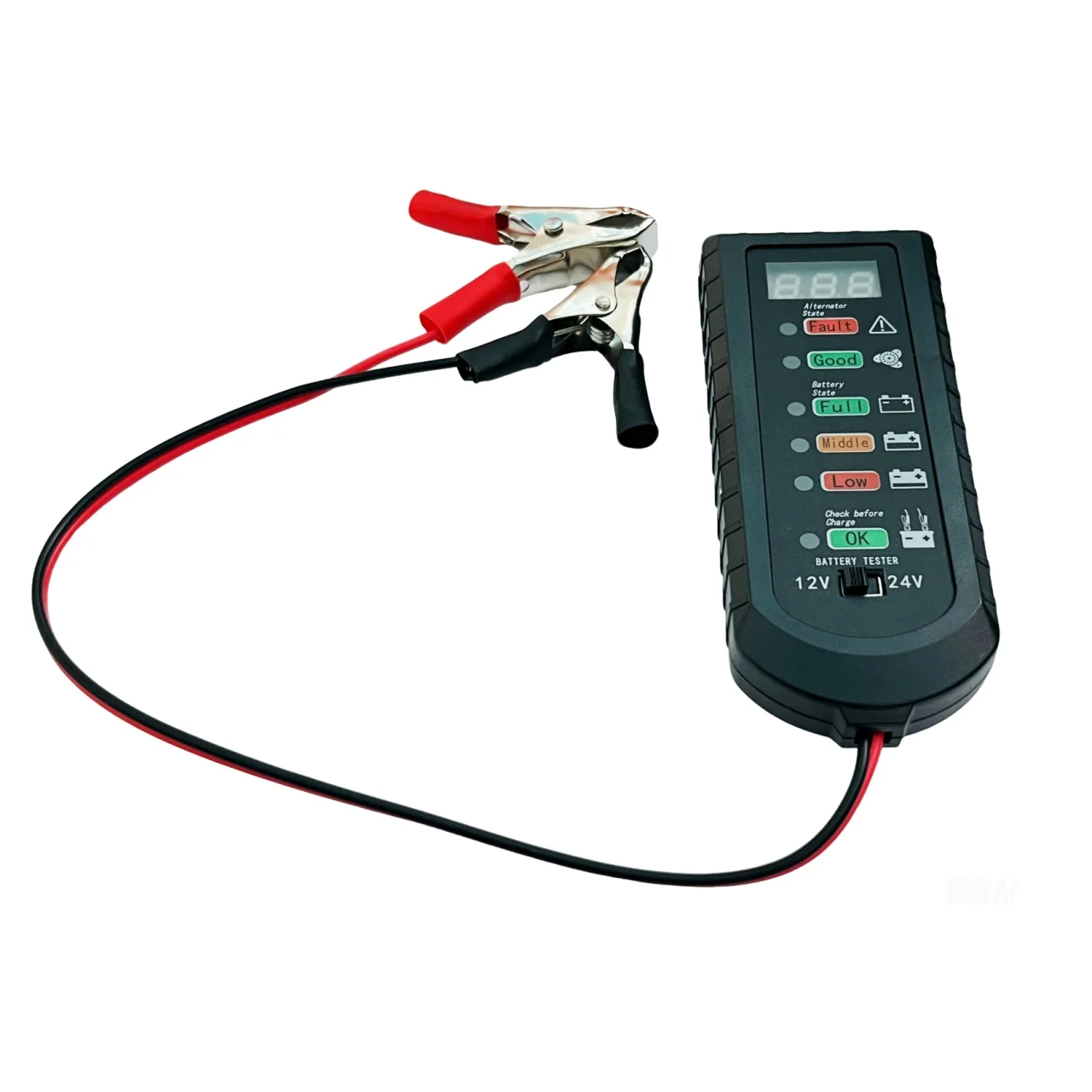 Tester Digital de Baterie Auto Techstar 12V/24V cu Afisaj LED, Diagnostic Alternator si Indicator Stare Acumulator – Compatibil Autoturisme, Camioane, SUV