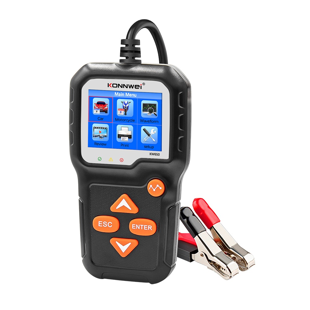 Tester Profesional pentru Baterii Auto si Moto KONNWEI KW650, 6-16V, cu Ecran Color 2.4", Analiza Grafica, tiparire raport și update online