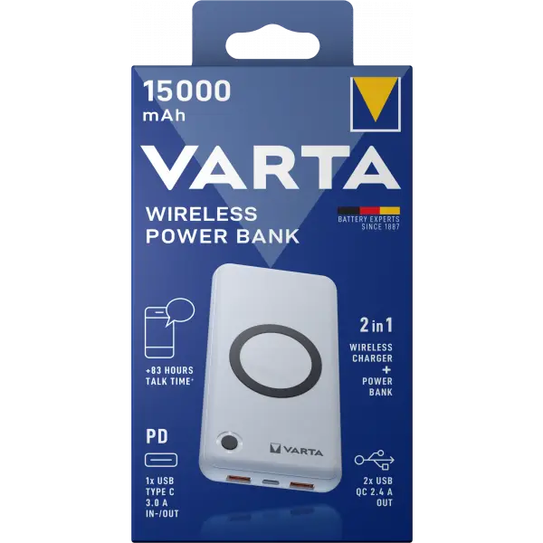 Baterie Externa Wireless Varta Energy, 15000mAh, 18W, QC + PD + FQI, 1 x QI - 1 x USB-C - 2 x USB-A, Alba