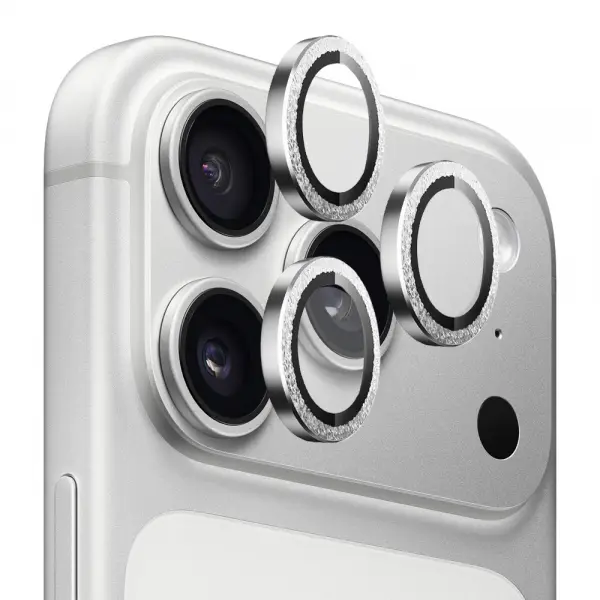 Folie de protectie Camera Spate Blueo Glitter Diamond Metal Frame pentru Apple iPhone 17 Pro Max / 17 Pro, Sticla Securizata, Argintie