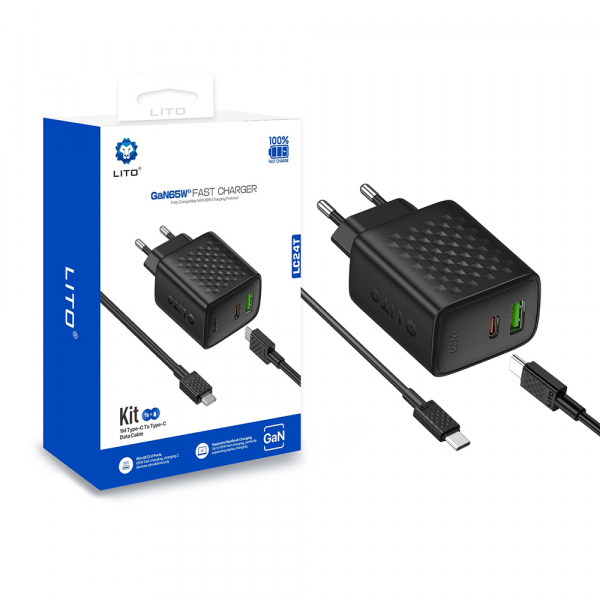 Incarcator Retea Cu Cablu USB-C Lito LC24T, 65W, 3.25A, 1 x USB-A - 1 x USB-C, Negru