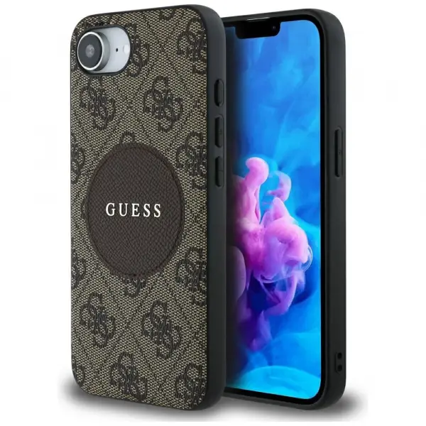 Husa MagSafe pentru Apple iPhone 17e / 16e, Guess, 4G Circle Classic Logo, Maro