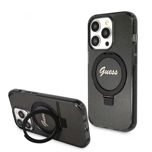 Husa MagSafe pentru Apple iPhone 15 Pro Max, Guess, IML Ring Stand Glitter, Neagra