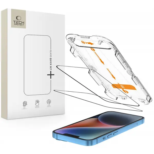 Folie de protectie Ecran Tech-Protect Quick Set+ pentru Apple iPhone 17e / 16e / 14 / 13 Pro, Sticla Securizata, Full Glue, Set 2 bucati, Neagra