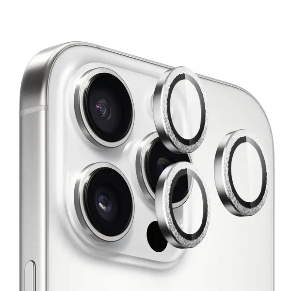 Folie de protectie Camera Spate Blueo Glitter Diamond Metal Frame pentru Apple iPhone 16 Pro Max / 16 Pro, Sticla Securizata, Argintie