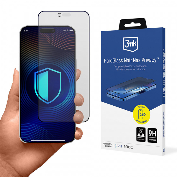 Folie de protectie Ecran Matte Privacy 3MK HardGlass Max pentru Apple iPhone 17 Air, Sticla Securizata, Full Glue