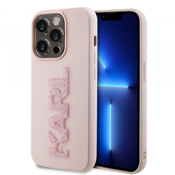 Husa pentru Apple iPhone 15 Pro, Karl Lagerfeld, 3D Rubber Glitter Logo Karl, Roz