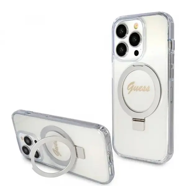 Husa MagSafe pentru Apple iPhone 15 Pro, Guess, IML Ring Stand Glitter, Transparenta