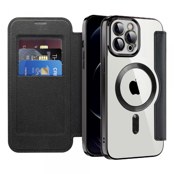 Husa MagSafe pentru Apple iPhone 12 Pro, Techsuit, SmartMag Book, Neagra