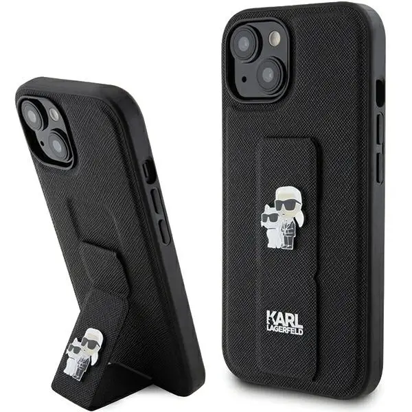 Husa MagSafe pentru Apple iPhone 15 Plus / 14 Plus, Karl Lagerfeld, Saffiano Gripstand Karl & Choupette, Neagra