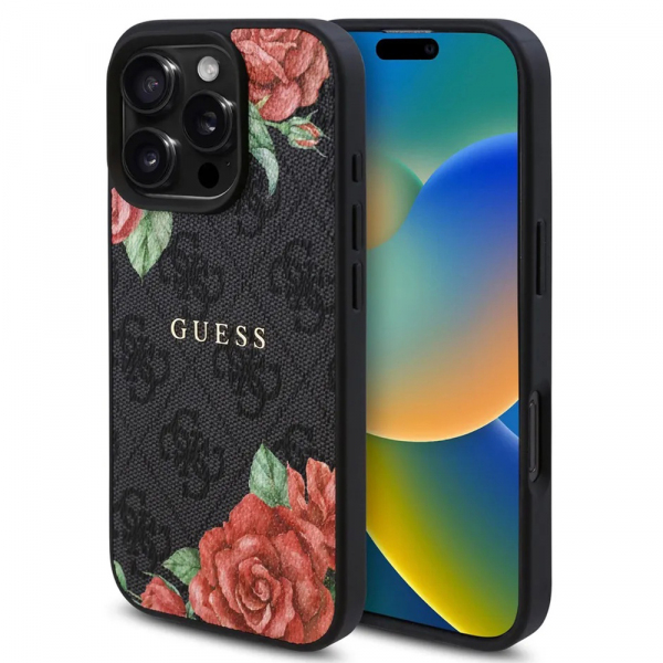 Husa MagSafe pentru Apple iPhone 16 Pro, Guess, 4G Flowers Print, Neagra