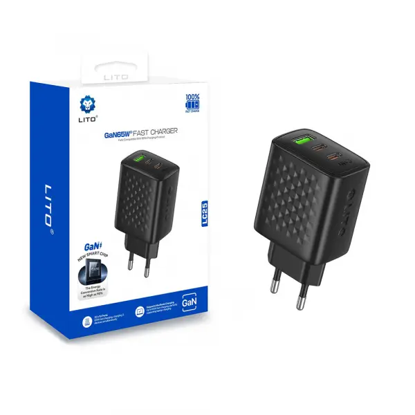 Incarcator Retea Lito LC25, 65W, 3.25A, 1 x USB-A - 2 x USB-C, Negru