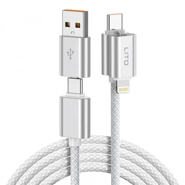 Cablu Date si Incarcare USB-C / USB-A - USB-C / Lightning Lito LD21, 100W, 1m, Alb