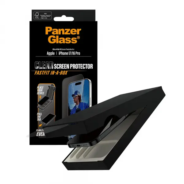 Folie de protectie Ecran PanzerGlass Ultra-Wide Fit Fastfit pentru Apple iPhone 17 / 16 Pro, Sticla Securizata, Full Glue, Neagra