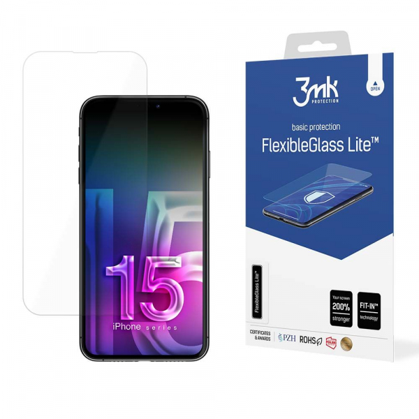 Folie de protectie Ecran 3MK FlexibleGlass Lite pentru Apple iPhone 15, Sticla Flexibila, Full Glue