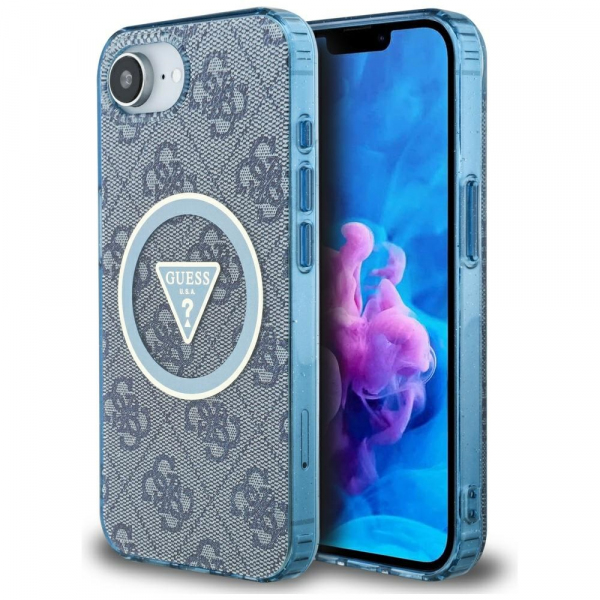 Husa MagSafe pentru Apple iPhone 17e / 16e, Guess, IML Glitter 4G Circle Triangle, Albastra