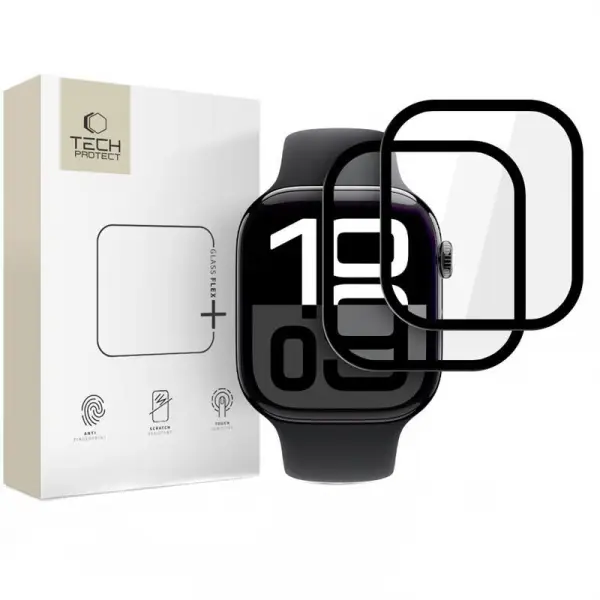 Folie Protectie Tech-Protect Flex+ pentru Apple Watch 46mm Series, Set 2 bucati, Sticla Flexibila, Neagra