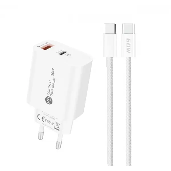 Incarcator Retea Cu Cablu USB-C A6MaxL, 20W, 3A, 1 x USB-A - 1 x USB-C, Alb