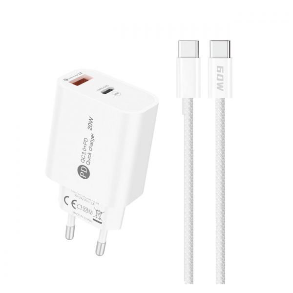 Incarcator Retea Cu Cablu USB-C A6MaxL, 20W, 3A, 1 x USB-A - 1 x USB-C, Alb