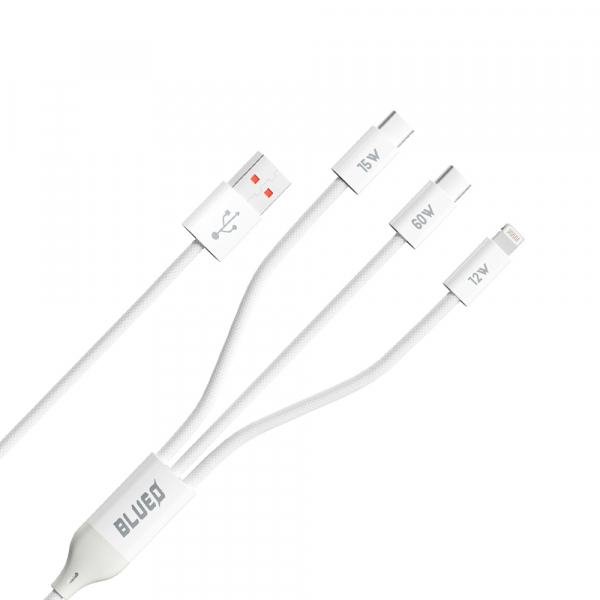 Cablu Incarcare USB-A - Lightning / 2 x USB-C Blueo, 75W, 1.2m, Alb