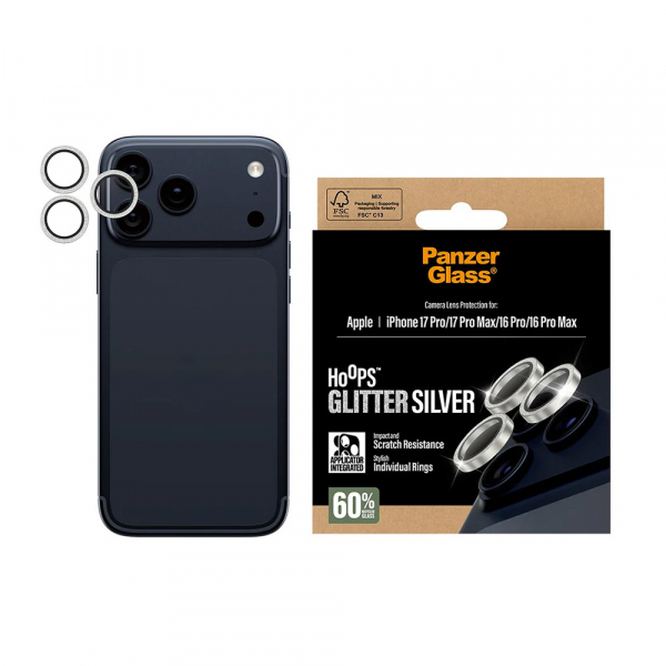 Folie de protectie Camera Spate PanzerGlass Hoops Glitter pentru Apple iPhone 17 Pro Max / 17 Pro / 16 Pro Max / 16 Pro, Sticla Securizata, Argintie