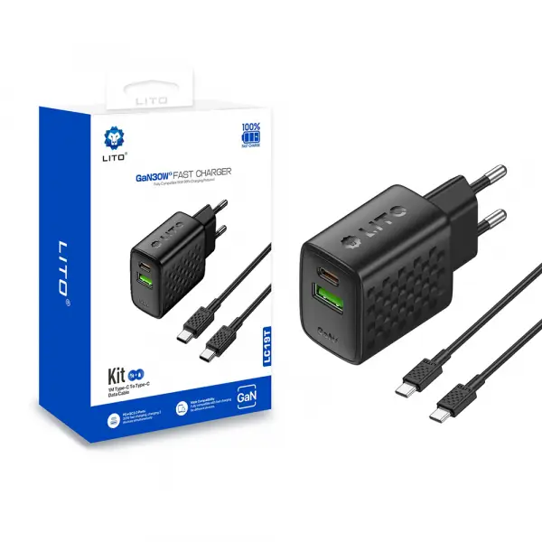 Incarcator Retea Cu Cablu USB-C Lito LC19T, 30W, 3A, 1 x USB-A - 1 x USB-C, Negru