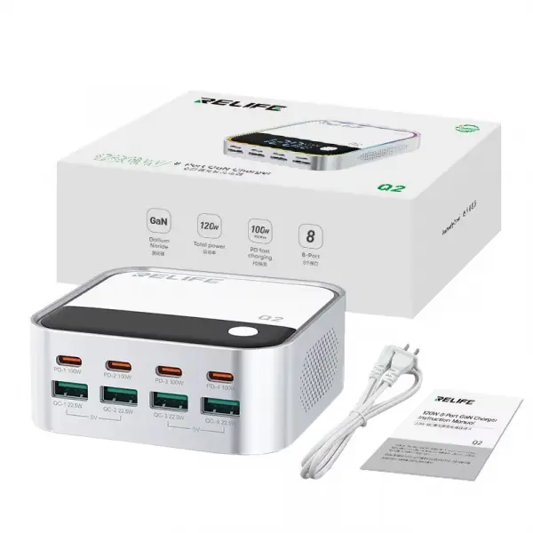 Incarcator Statie Relife Q2, 120W, 5A, 4 x USB-A - 4 x USB-C, Argintiu
