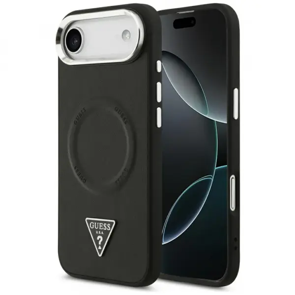 Husa MagSafe pentru Apple iPhone 17 Air, Guess, Triangle Logo, Neagra Argintie