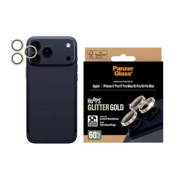 Folie de protectie Camera Spate PanzerGlass Hoops Glitter pentru Apple iPhone 17 Pro Max / 17 Pro / 16 Pro Max / 16 Pro, Sticla Securizata, Aurie