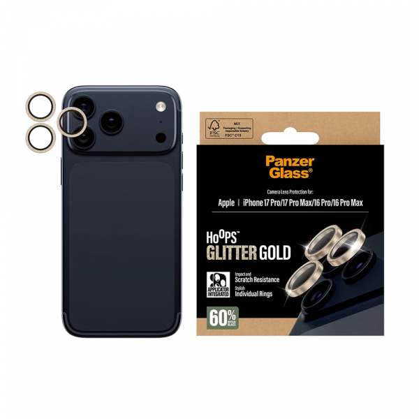 Folie de protectie Camera Spate PanzerGlass Hoops Glitter pentru Apple iPhone 17 Pro Max / 17 Pro / 16 Pro Max / 16 Pro, Sticla Securizata, Aurie