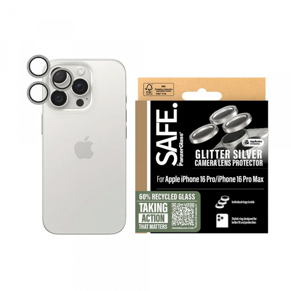 Folie de protectie Camera Spate PanzerGlass Safe. Glitter pentru Apple iPhone 16 Pro Max / 16 Pro, Sticla Securizata, Argintie